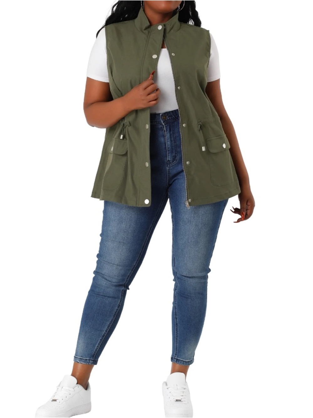 Agnes Orinda Women's Sleeveless Anorak Cargo Zip Button Drawstring Waist Vest